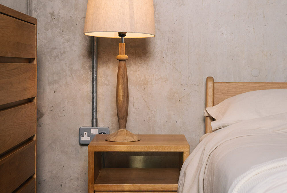 2 drawer bedside unit in oak with shelf on top portrait