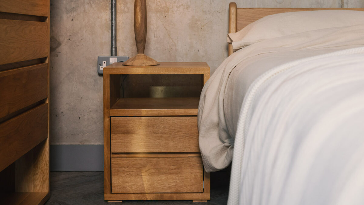 Black Lotus solid oak bedside table with 2 drawers and an open shelf