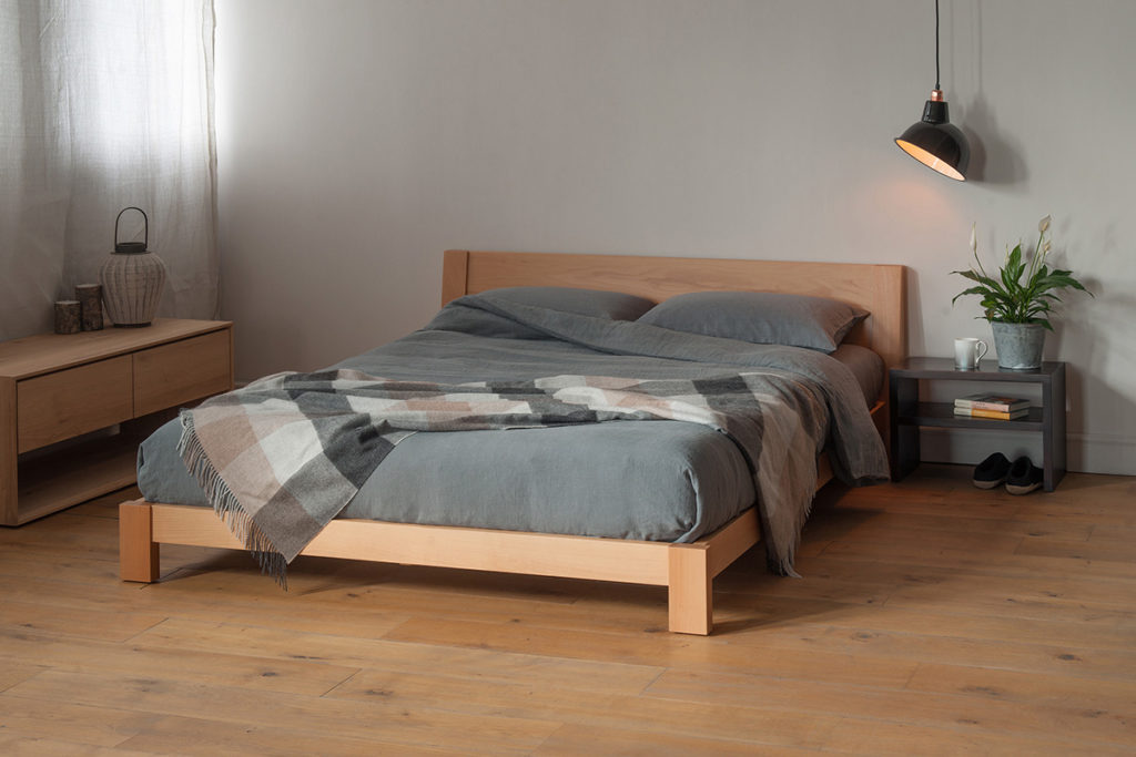 Scandi look bedroom with Low wooden Java bed made from Beech