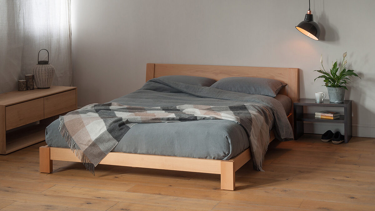 Scandi look bedroom with Low wooden Java bed made from Beech