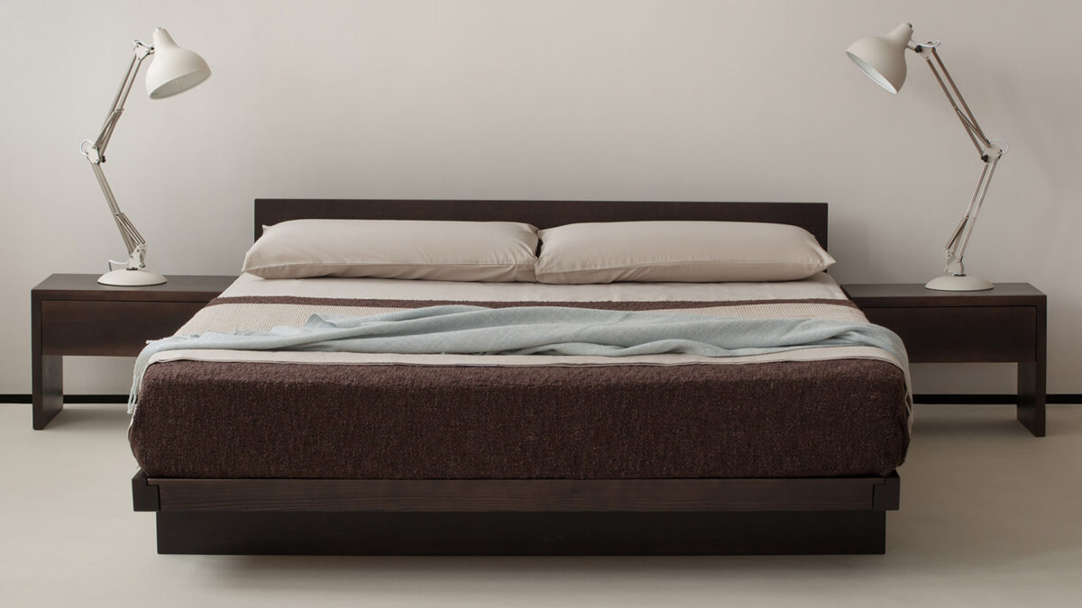 Kumo low wooden bed shown with matching Kyoto drawer tables