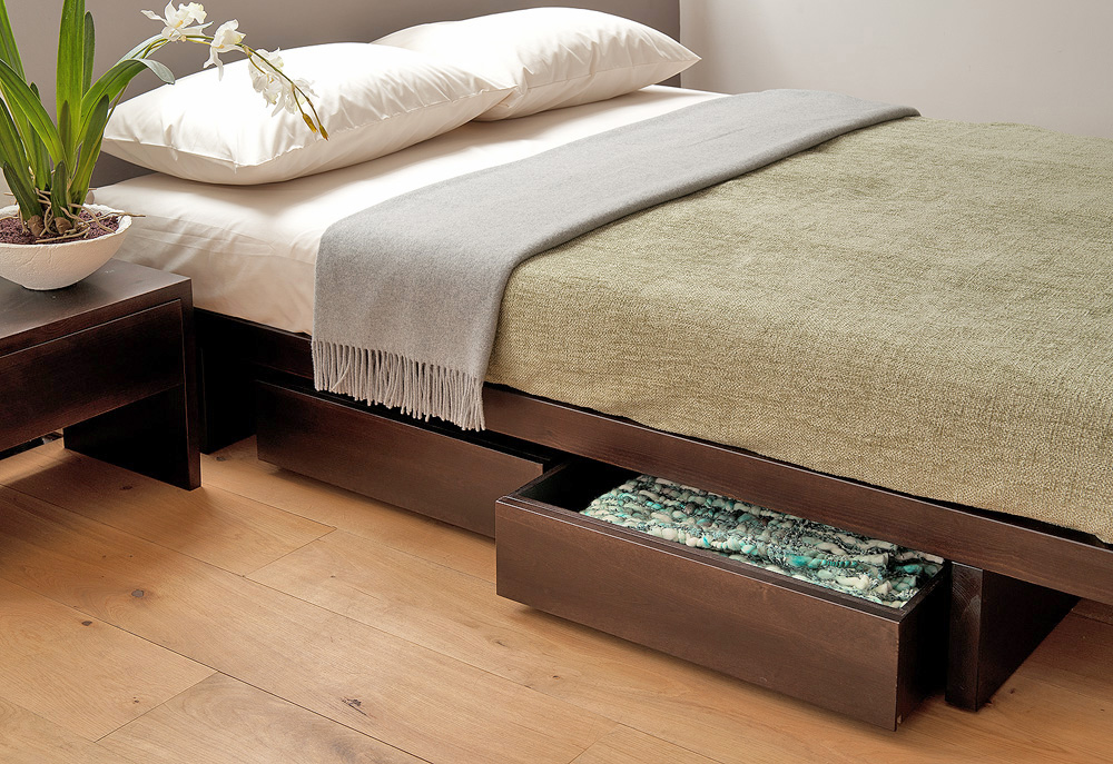 under-bed drawers can be made to match the wood of your bed frame