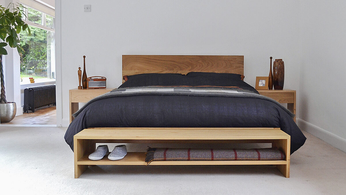 Modern solid oak bed - the Malabar. Hand crafted in Britain and available in a choice of woods.