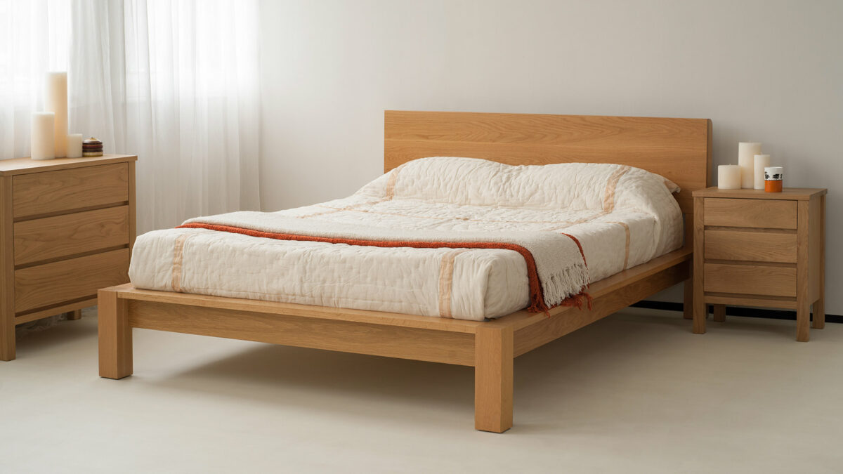 Ocean - Chunky solid wood bed base pictured in solid oak