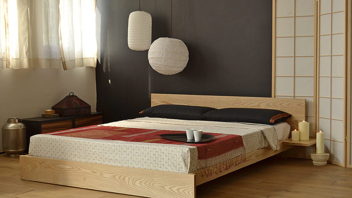 For an Oriental style bedroom try our low wooden Kulu bed with optional shelf tables