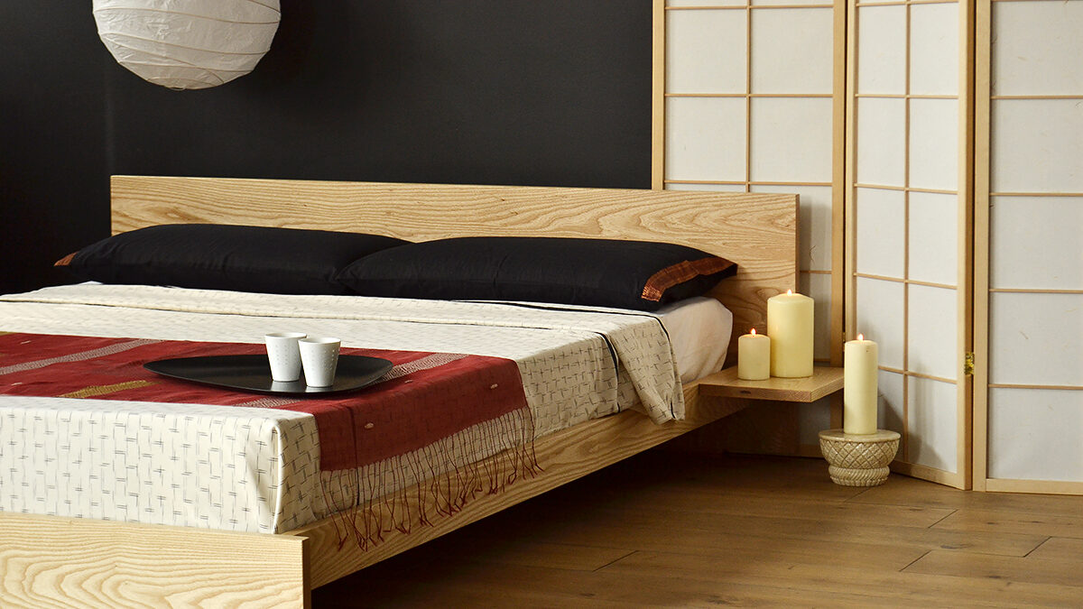 Japanese style low wooden Kulu bed. Comes in a choice of wood and a range of sizes.