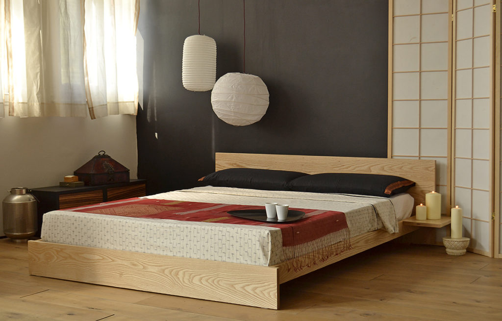 Japanese style bedroom featuring our low wooden Kulu platform bed in solid Ash.