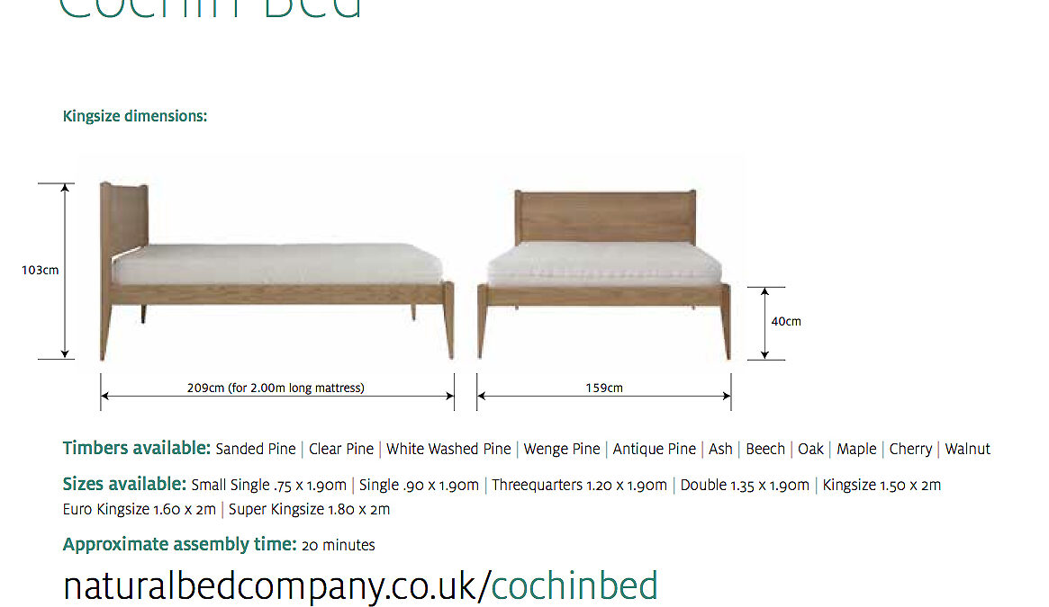 Cochin bed with size options and dimensions shown