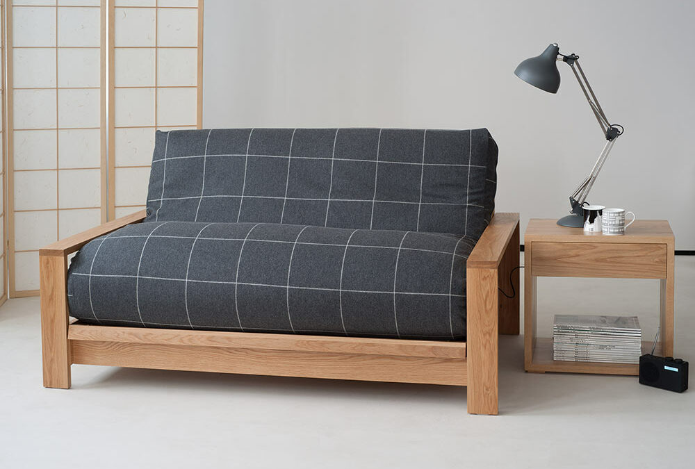 Panama solid wood futon sofa bed showing futon with a charcoal wool removable cover