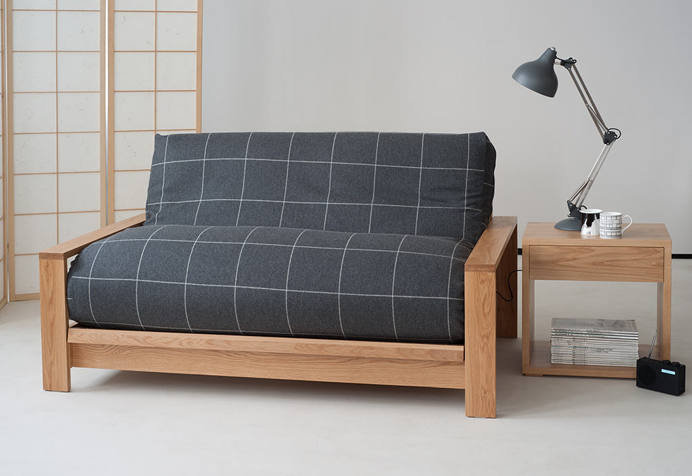 Panama solid wood futon sofa bed showing futon with a charcoal wool removable cover