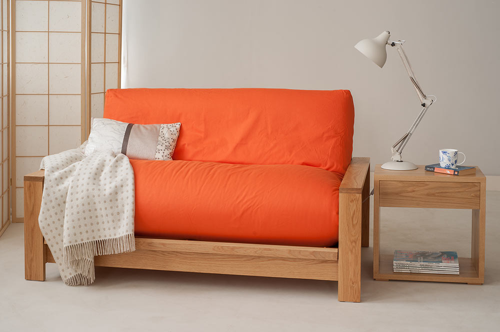 Panama solid Oak futon sofa bed with coral cotton drill covered futon mattress