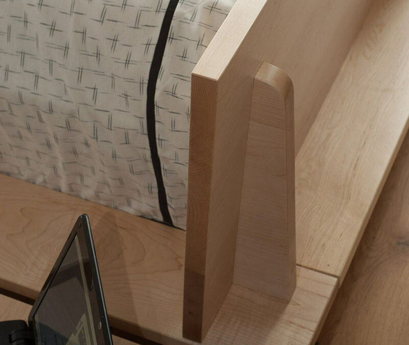 A closer detail view of the headboard joint for the hand-made Oregon platform style solid wood bed