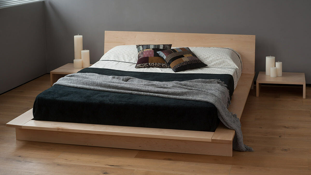 Oregon low platform style solid wood bed, shown here in maple