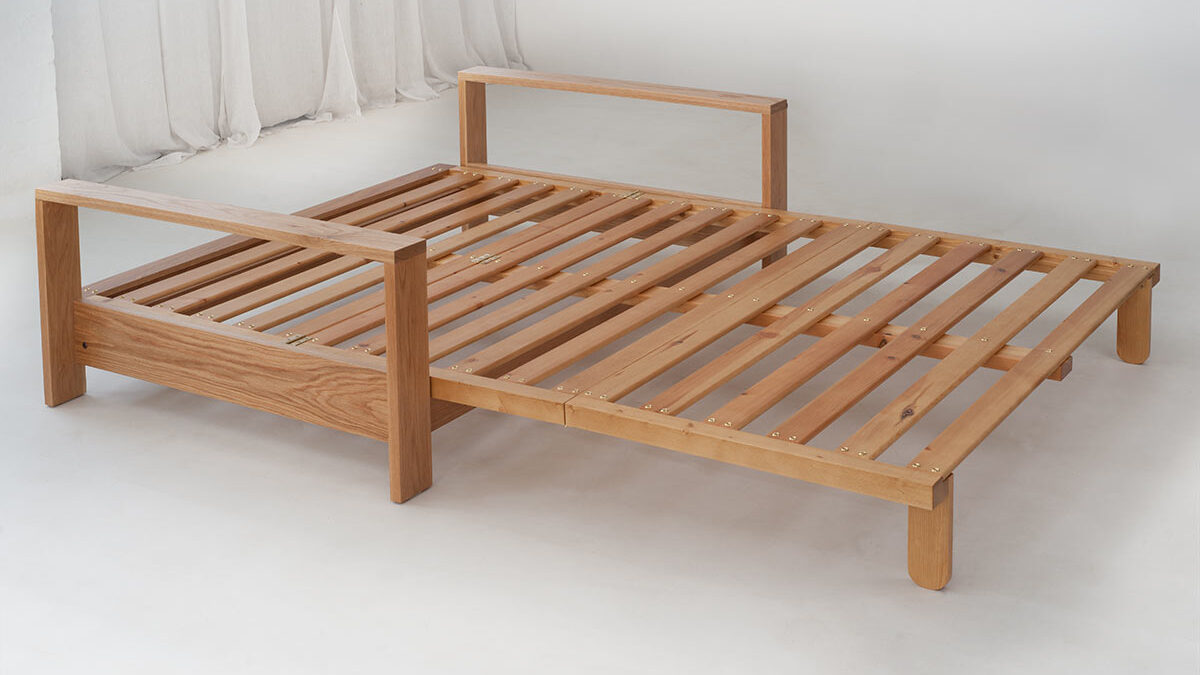 Panama Oak framed futon sofa bed, shown in the bed position and without a futon mattress