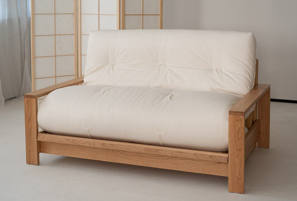 Panama sofa bed in Oak with plain cotton calico covered futon mattress