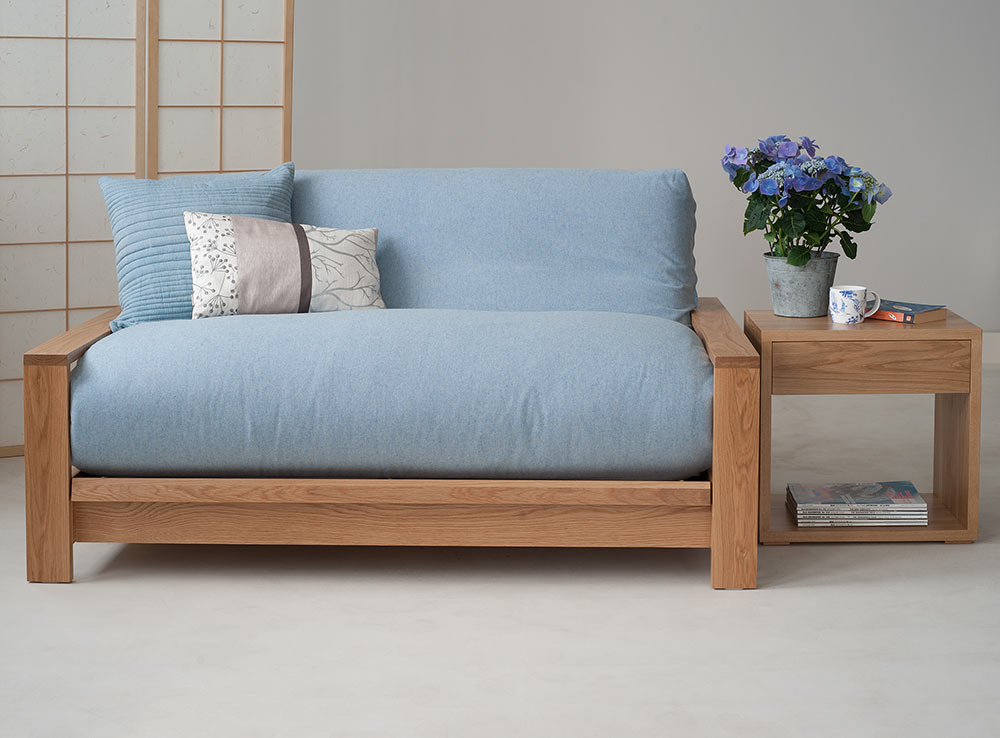 Panama Oak futon sofa bed showing futon mattress with pale blue wool removable cover