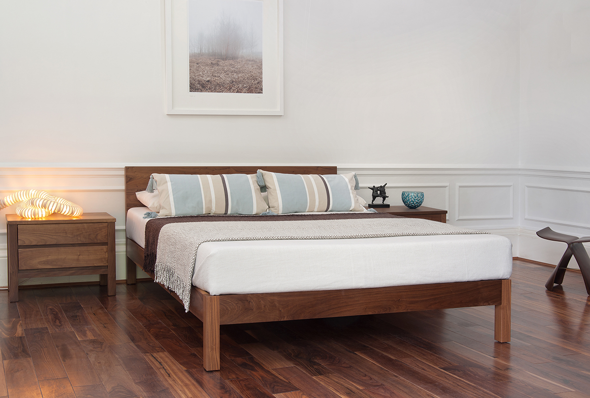 Low contemporary Walnut Sahara bed hand made in uk