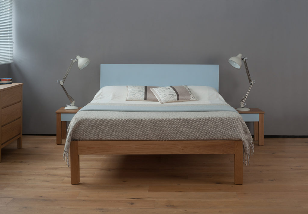 Tao Contemporary hand crafted Wooden Bed with a painted headboard and matching bedside tables