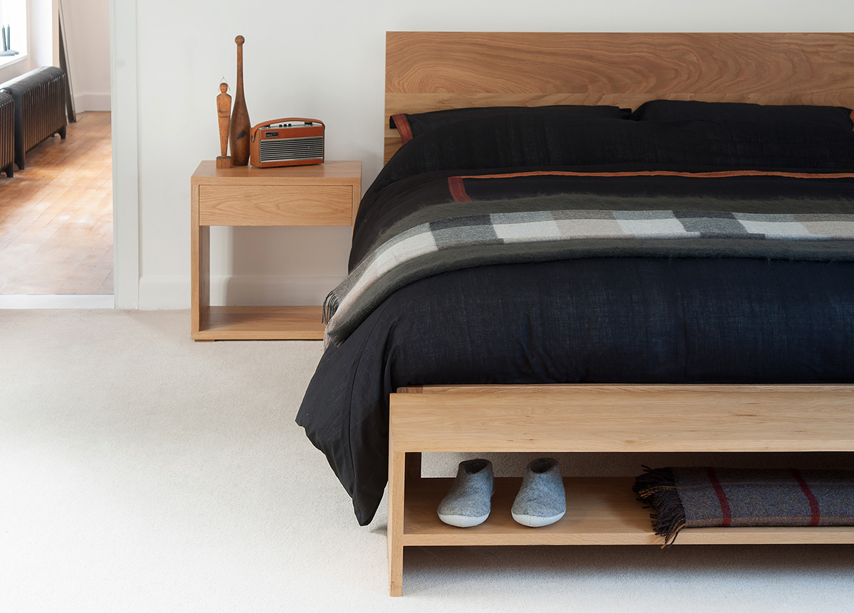 Oak bedroom furniture - oak malabar bed, cube bedside table and storage bench