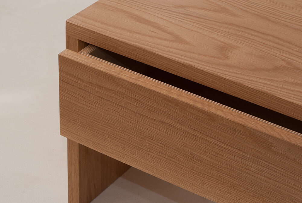 A close view of our hand made Oak Kyoto drawer table