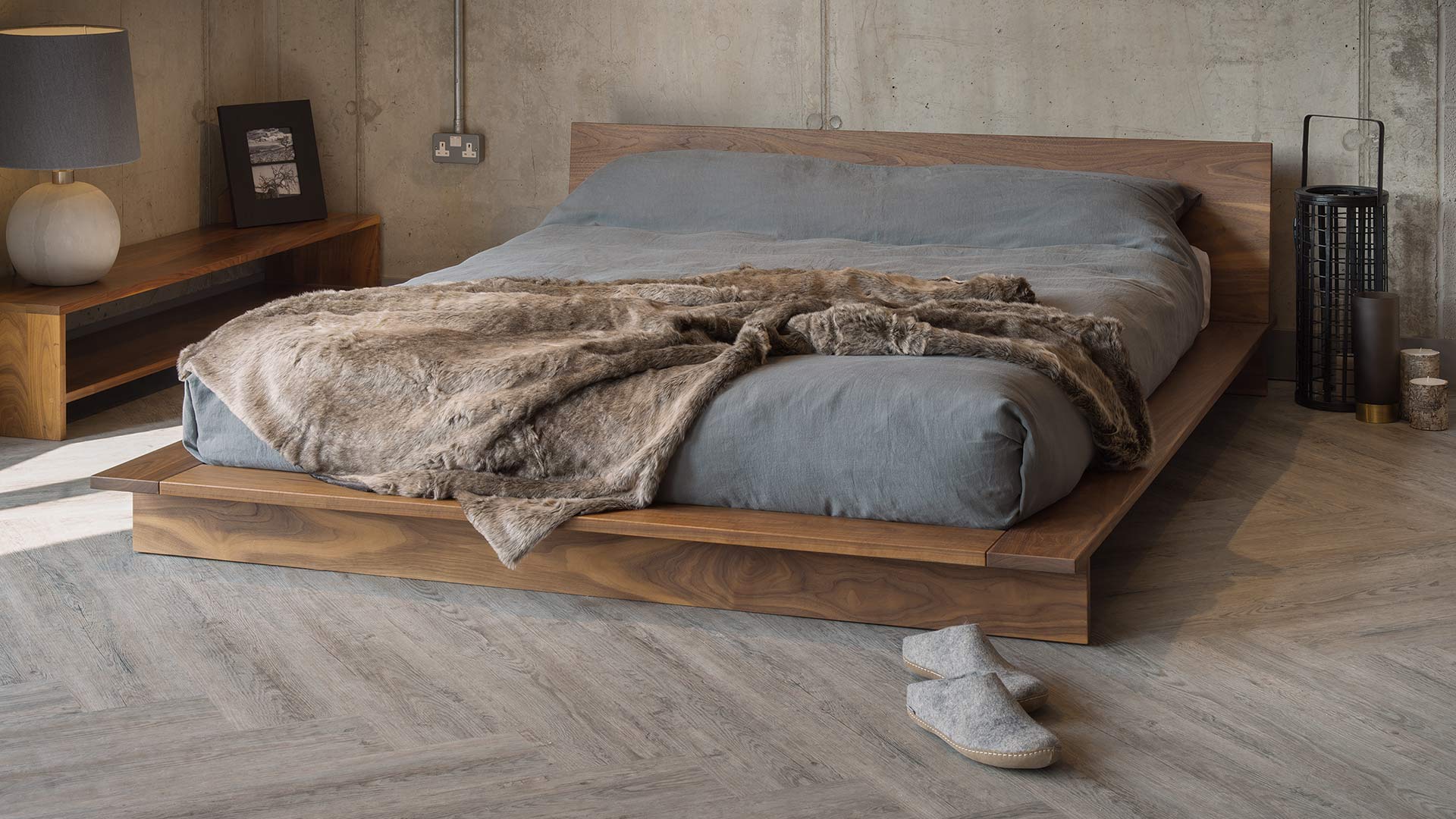 Loft style bedrooms, the low wooden platform bed, the Oregon shown in Walnut wood