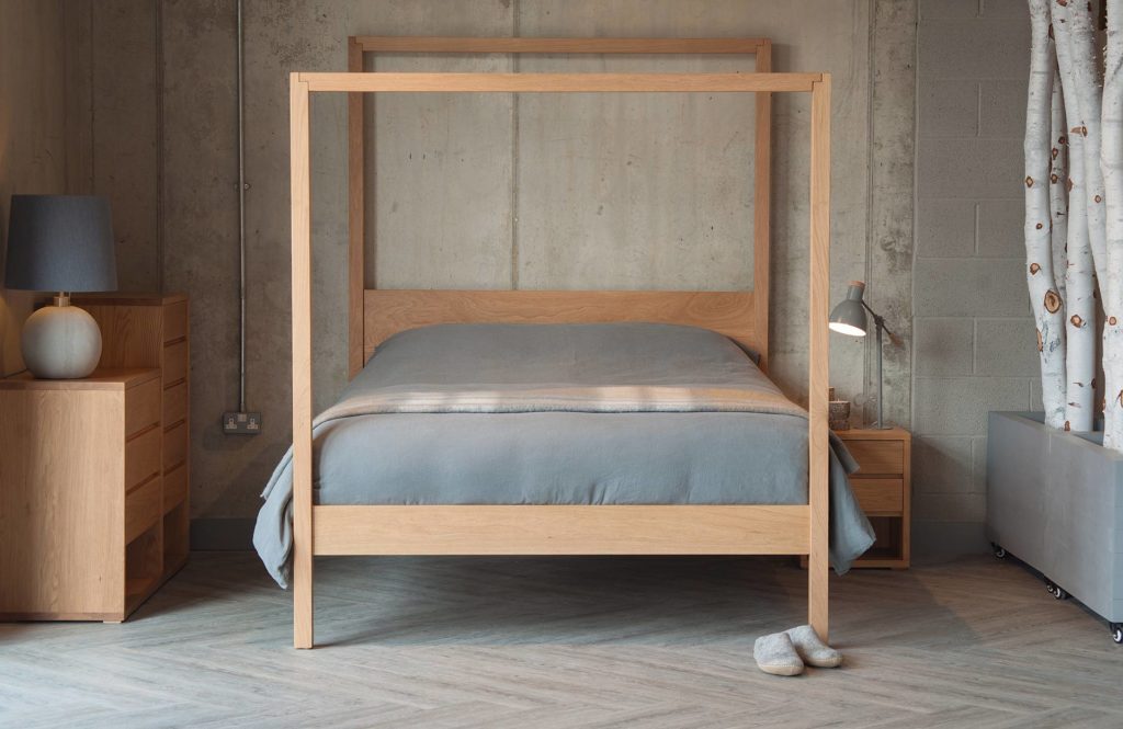 Contemporary minimal 4-poster bed the Oasis, hand made in Sheffield uk from a choice of timbers