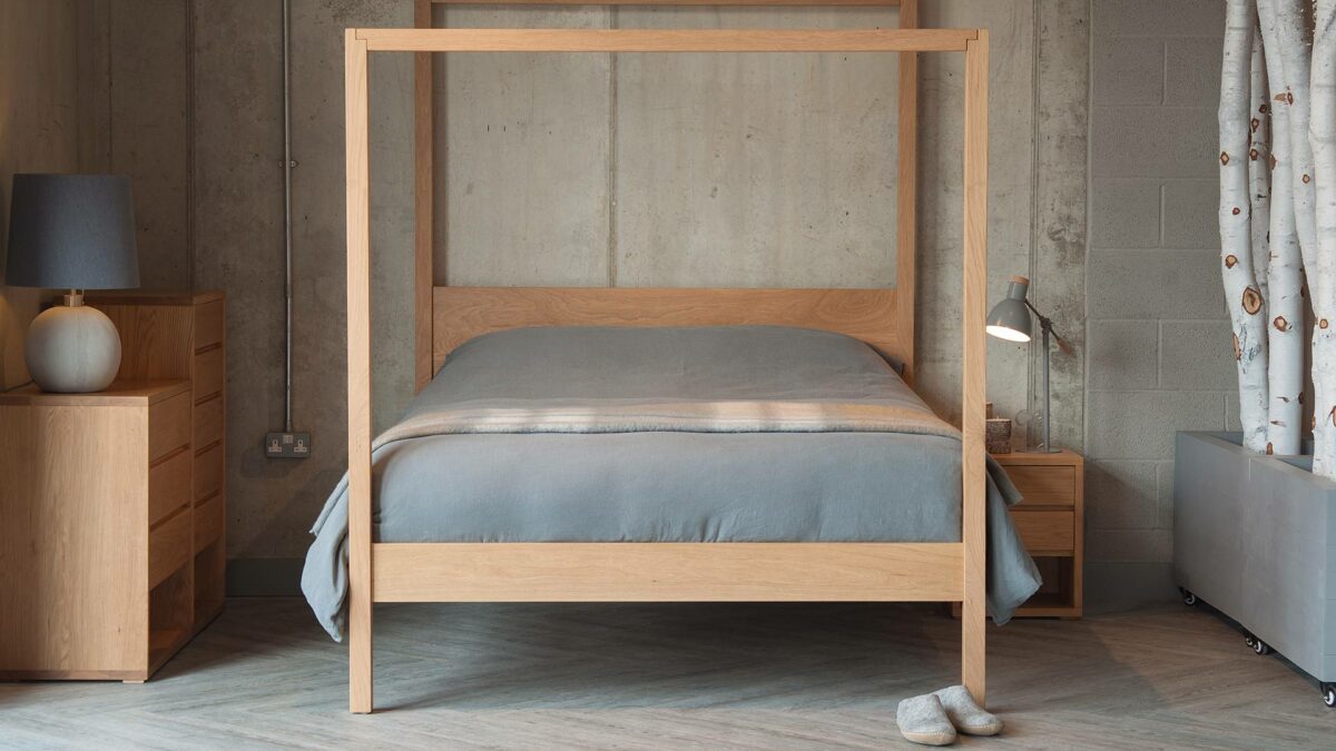 Contemporary minimal 4-poster bed the Oasis, hand made in Sheffield uk from a choice of timbers