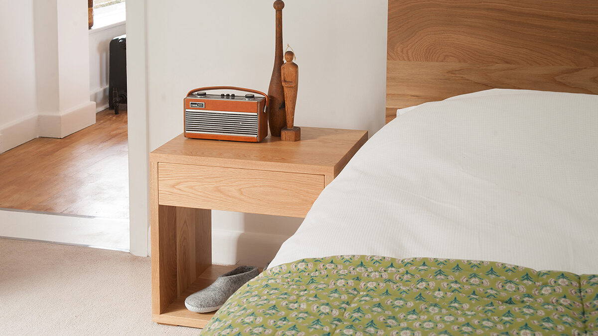 We hand make our Cube bedside drawer tables in Britain, in a choice of wood and in 3 size options.