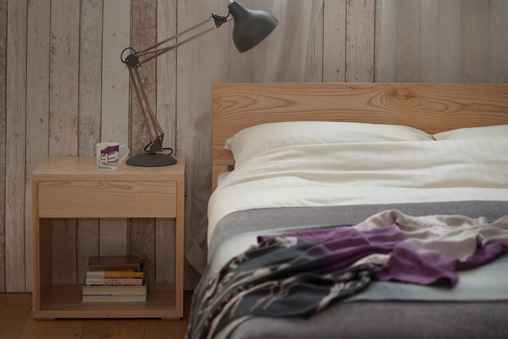 Contemporary bedside Cube table in Ash wood to match the Sahara low headboard bed.