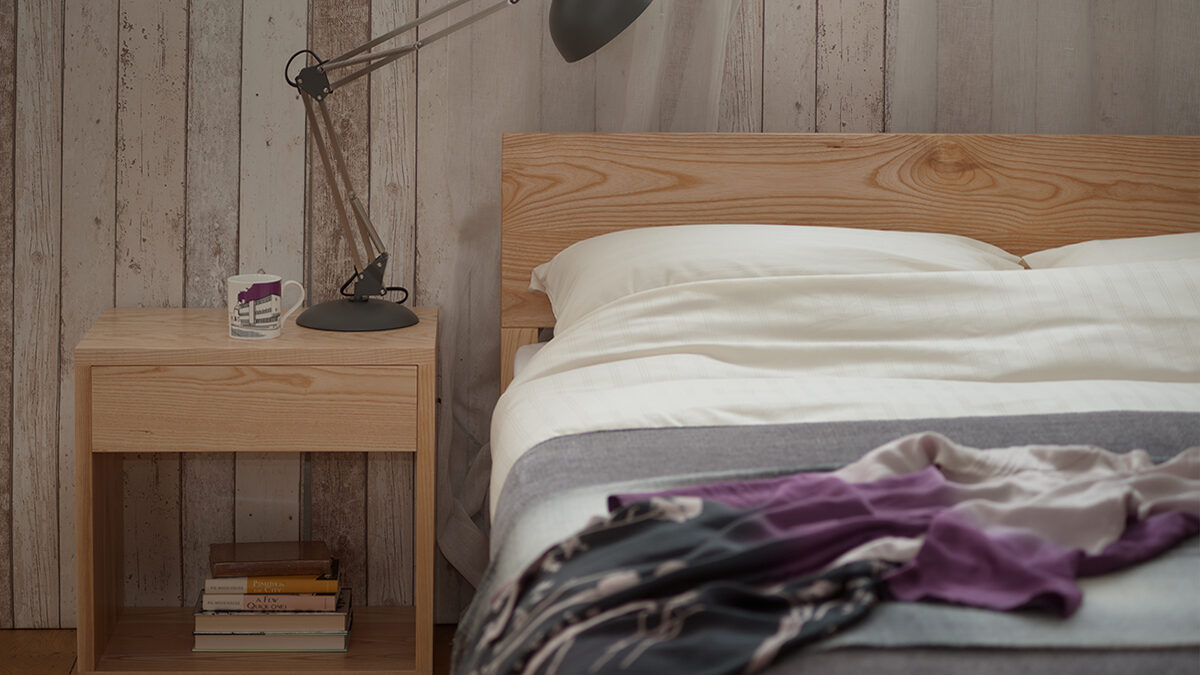 Contemporary bedside Cube table in Ash wood to match the Sahara low headboard bed.