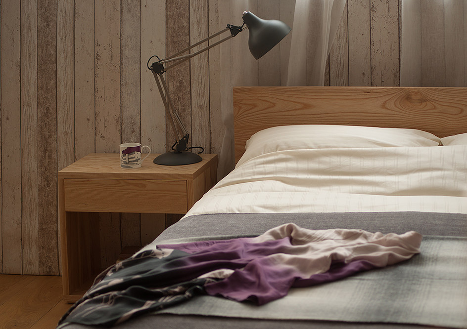 Cosy rustic bedroom decor with solid ash Sahara bed and Cube bedside table, all hand made by NBC.