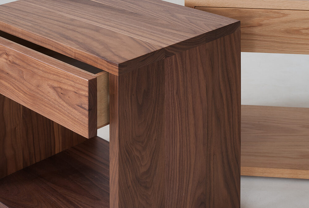 Natural Bed Co hand made Cube drawer tables - detail view of Walnut version with drawer opening