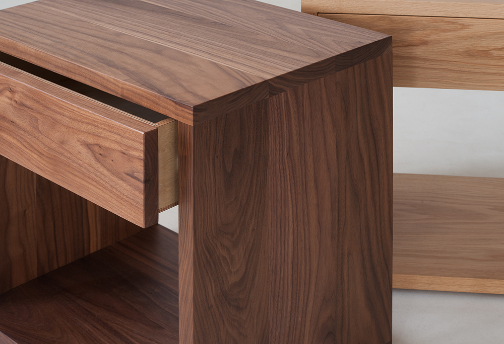 Natural Bed Co hand made Cube drawer tables - detail view of Walnut version with drawer opening