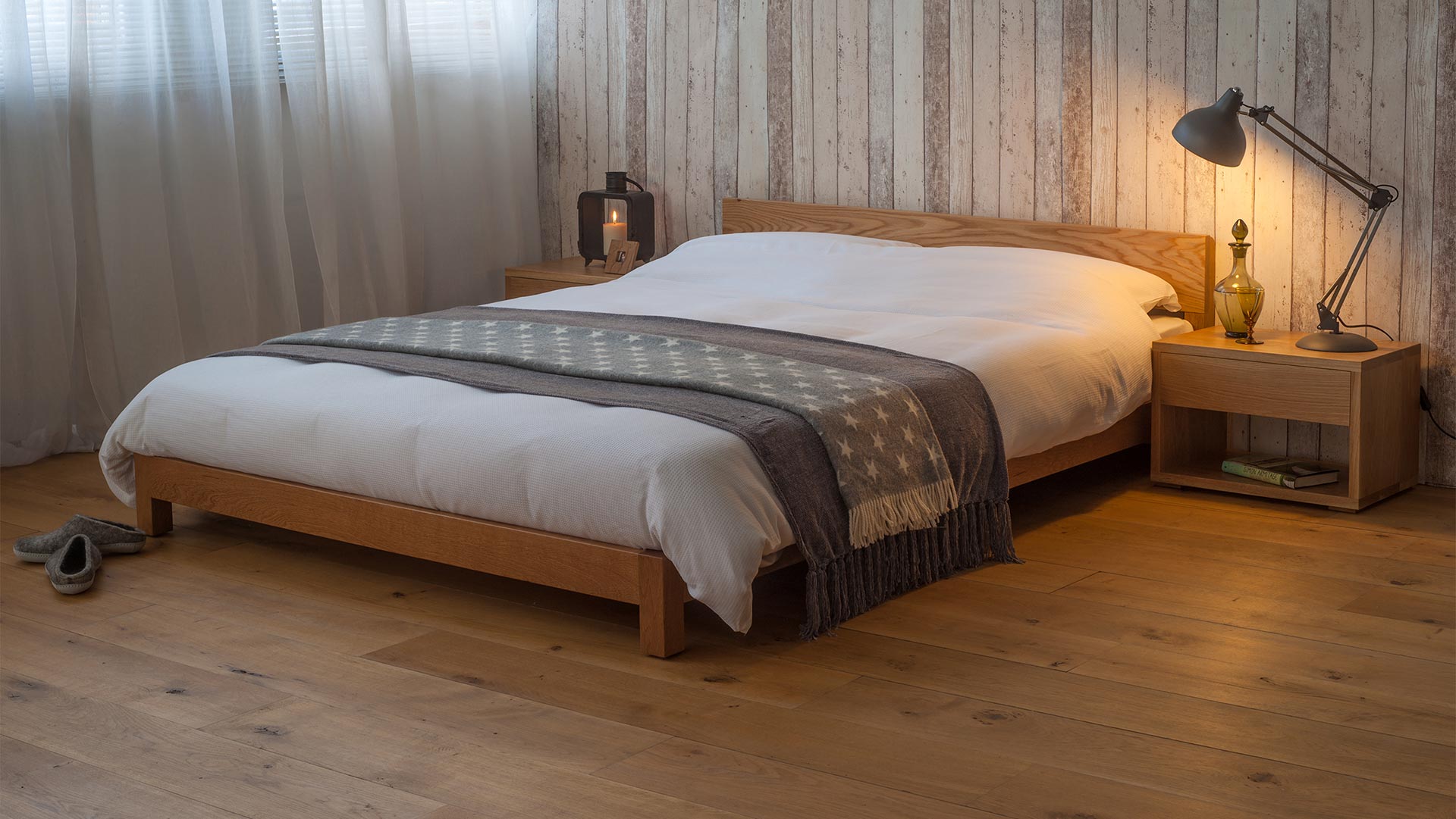 Low wooden Nevada bed with low cube bedside tables, great for attic bedrooms with low ceilings.