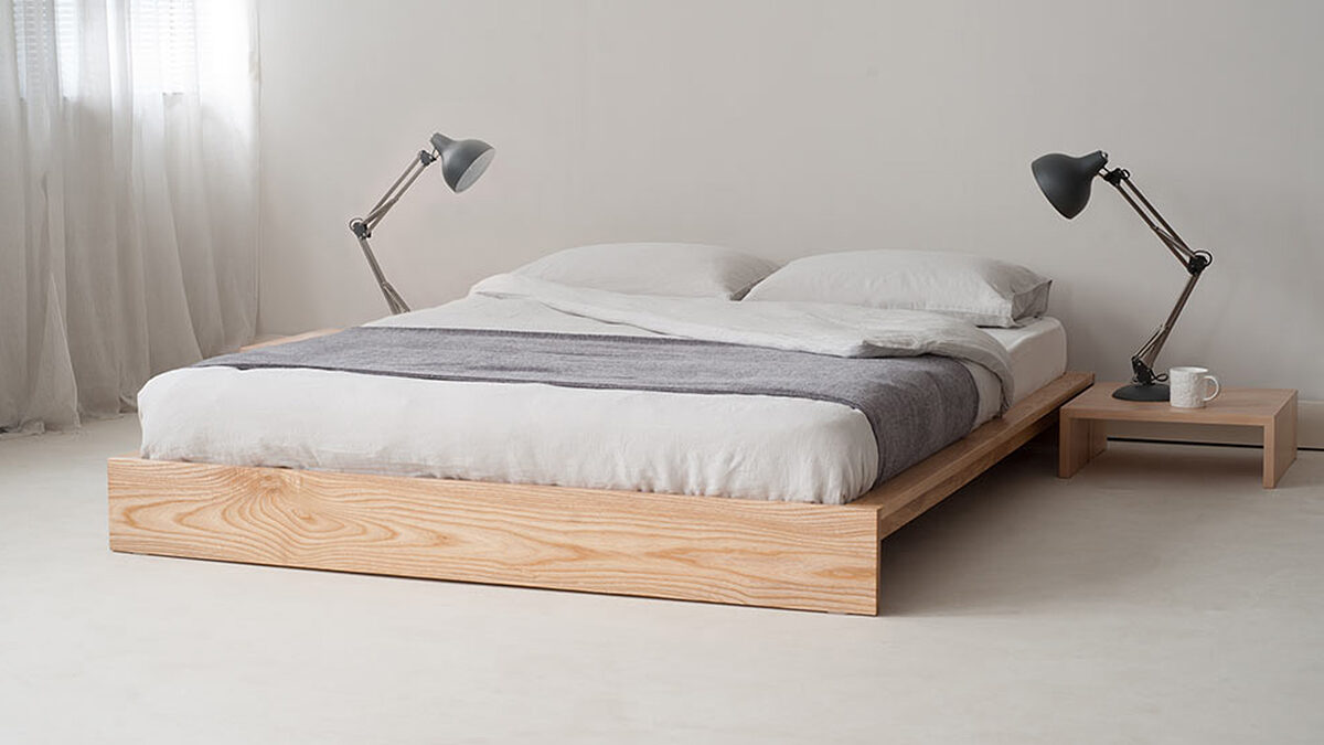 Ki wooden low bed base in solid ash, great for low ceiling bedrooms or loft spaces