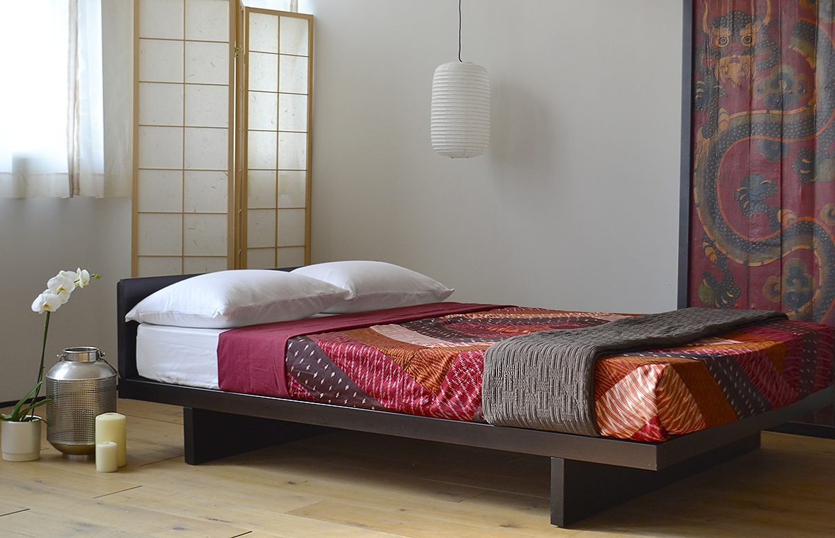 Kyoto oriental bedframe with headboard in a deep Wenge stained Pine.