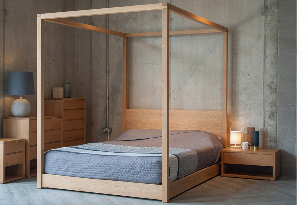 Our Cube contemporary 4 poster Bed with cube bedroom furniture, all in Oak