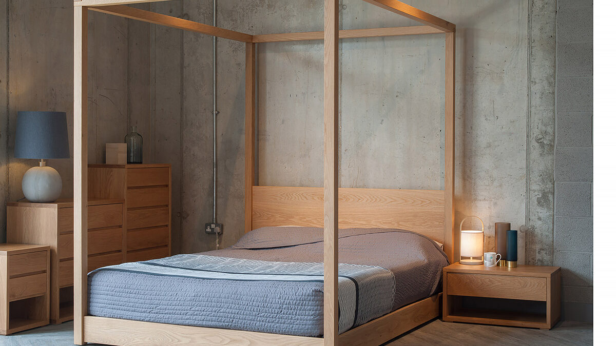 Our Cube contemporary 4 poster Bed with cube bedroom furniture, all in Oak