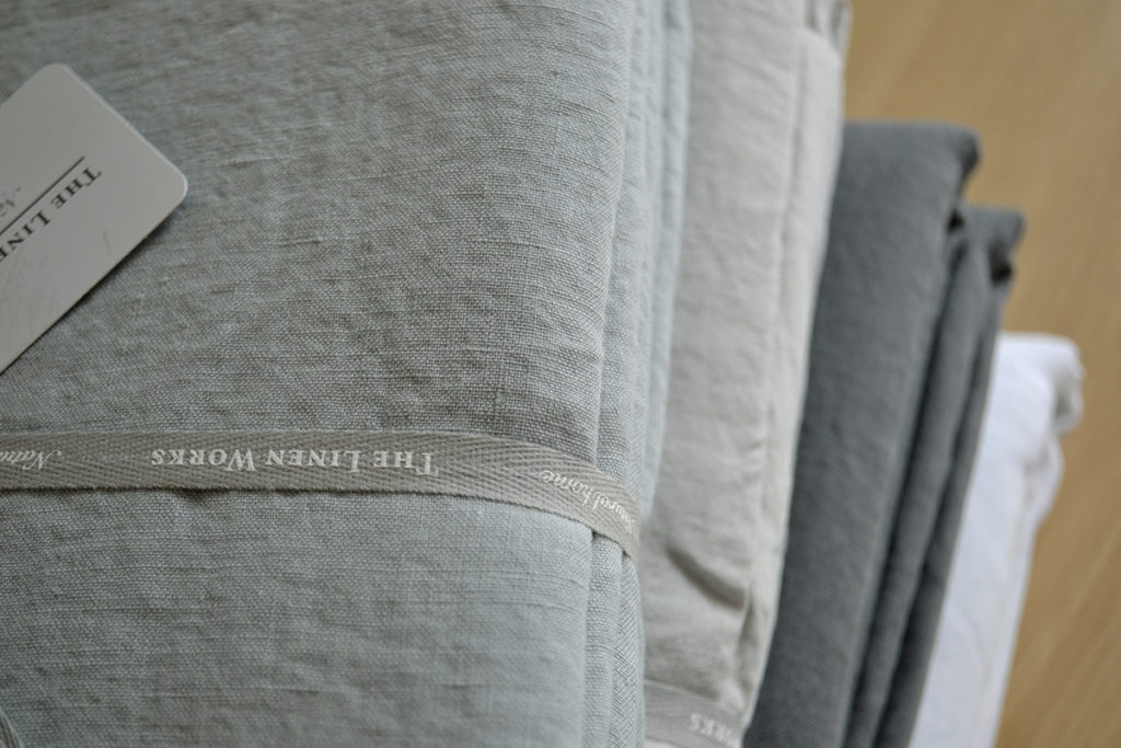 Linen Bedding Stack - Top to Bottom: Duck Egg, Dove Grey, Charcoal, White