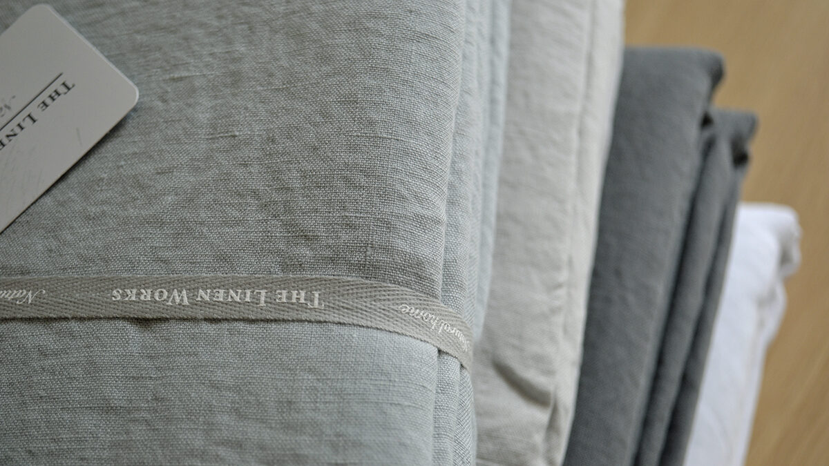 Linen Bedding Stack - Top to Bottom: Duck Egg, Dove Grey, Charcoal, White