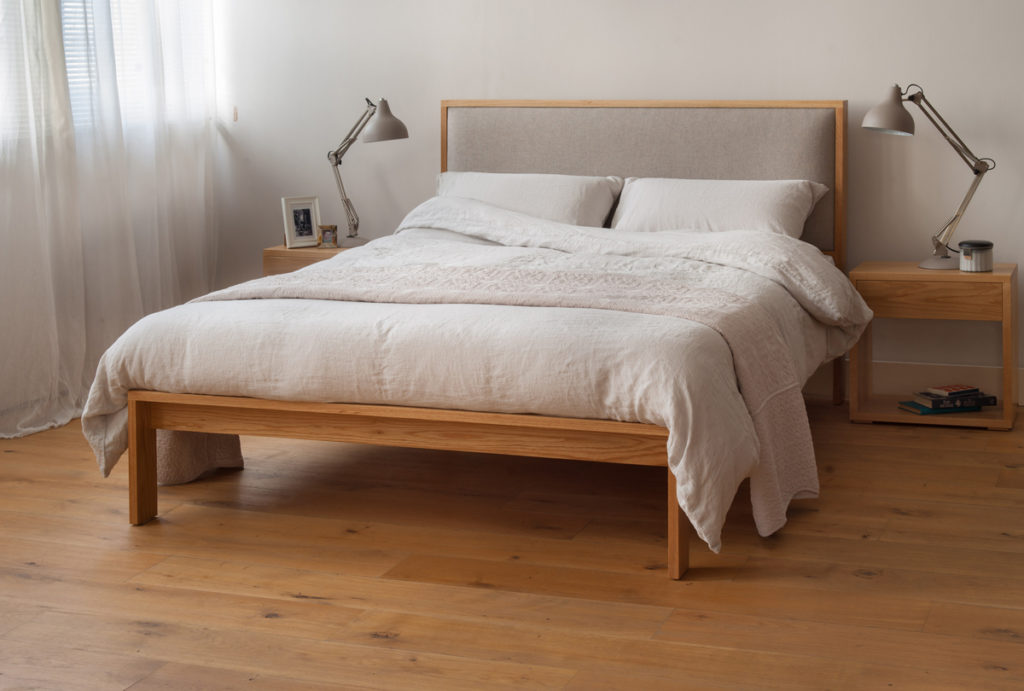 linen bedding shown on our Oak Shetland bed with padded headboard