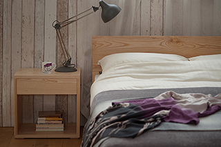 A closer view of our hand made Sahara wooden bed in Ash with Ash Cube bedside table