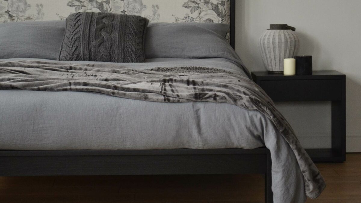 Monochrome bedroom with Black Oak version of the Shetland wooden Bed