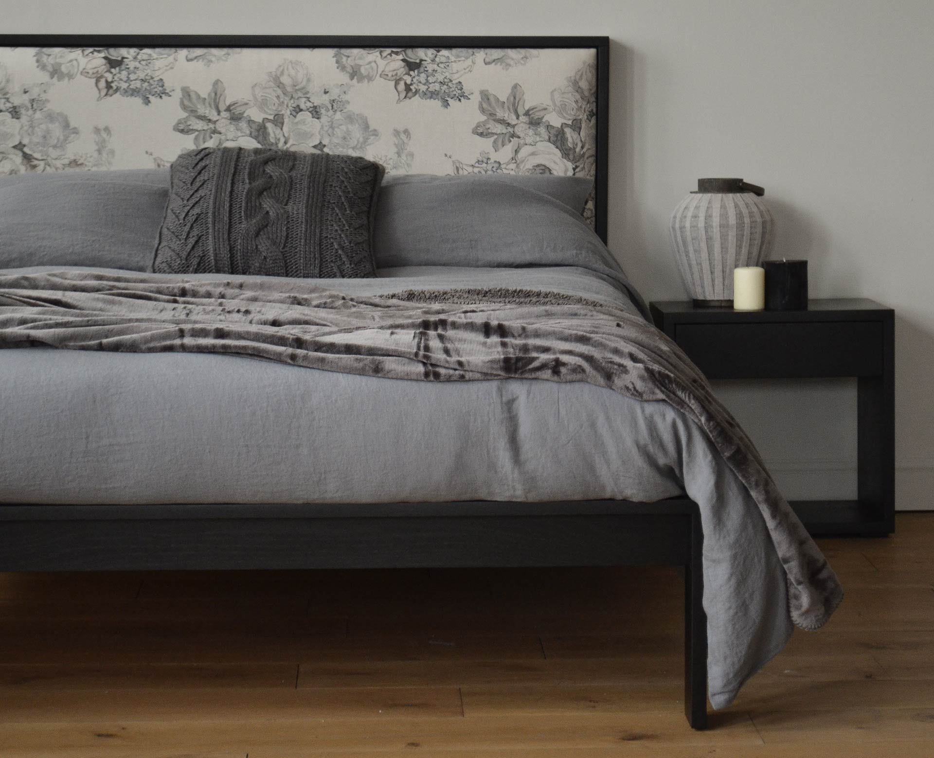 Monochrome bedroom with Black Oak version of the Shetland wooden Bed