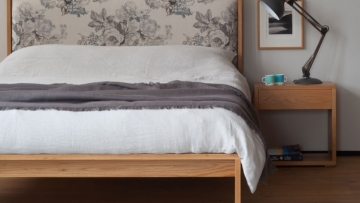 Shetland is a contemporary wooden bed with fabric upholstered headboard, it comes in a range of bed sizes