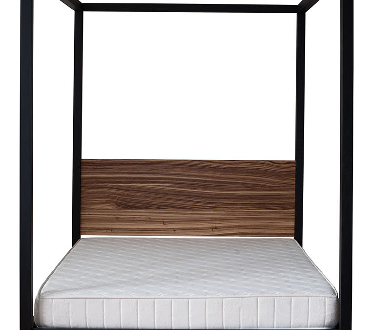 Bespoke Cube low 4 poster Bed with Black Oak frame and Zebrano wood headboard.