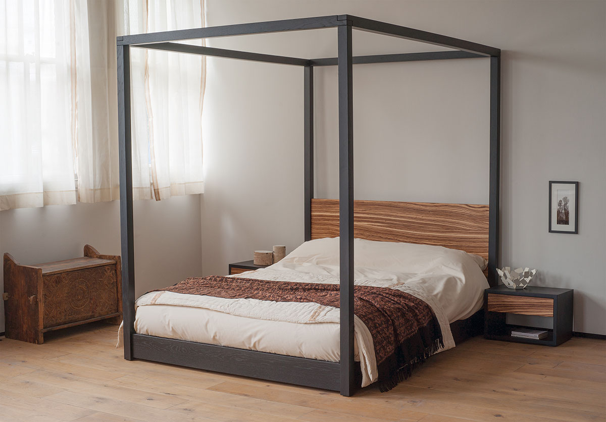 Zebrano wood hand crafted Cube four-poster Bed