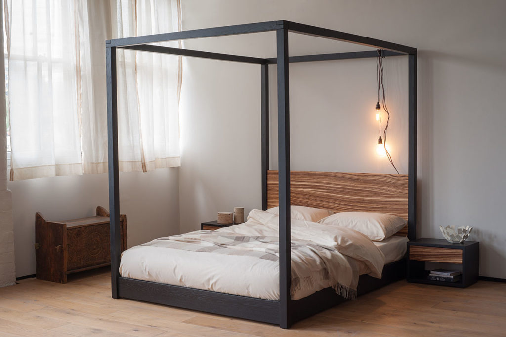 Industrial look Cube 4-Poster Bed bespoke made in Black Oak and Zebrano wood.