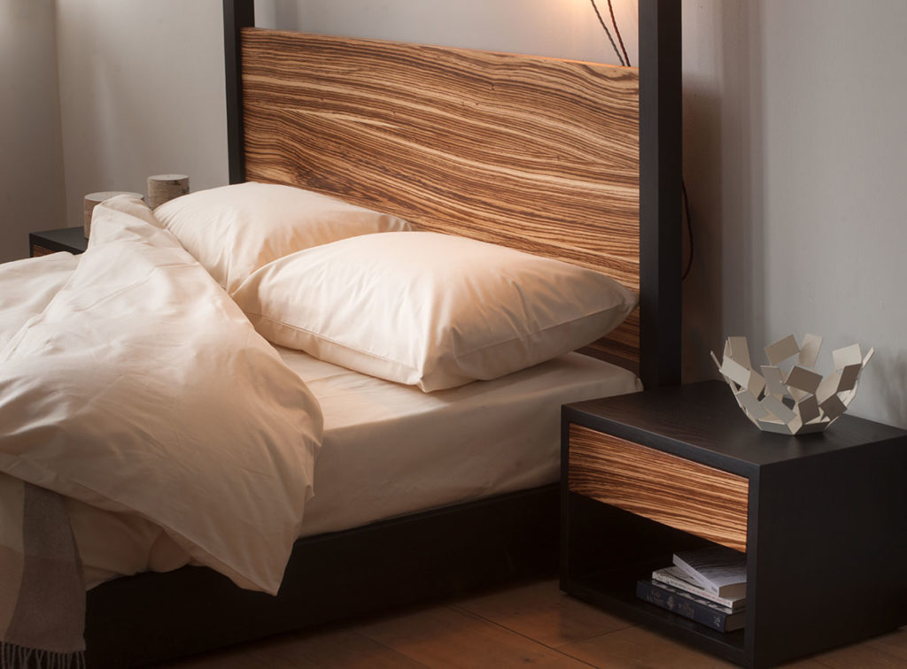 Hand made, unique and bespoke Cube contemporary 4-poster Bed with Zebrano wood headboard.