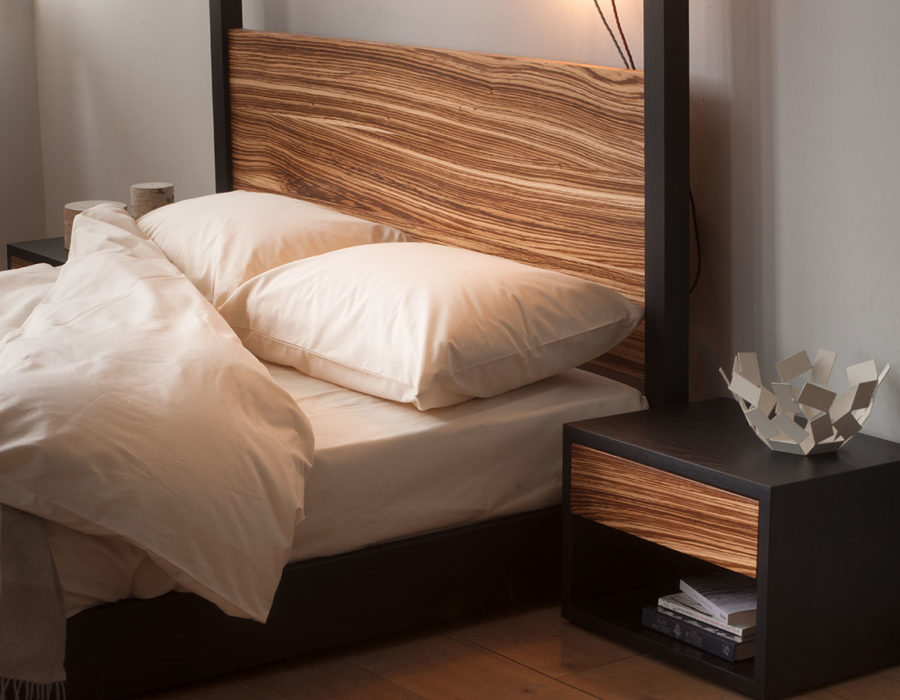 Hand made, unique and bespoke Cube contemporary 4-poster Bed with Zebrano wood headboard.